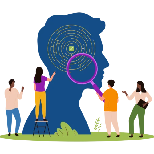 intricate graphic of people observing the human mind