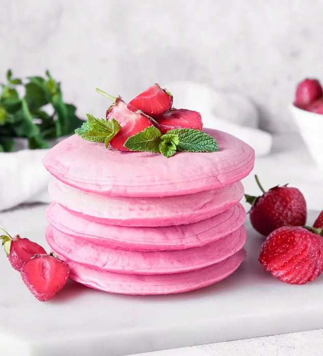 stack of pink strawberry pancakes